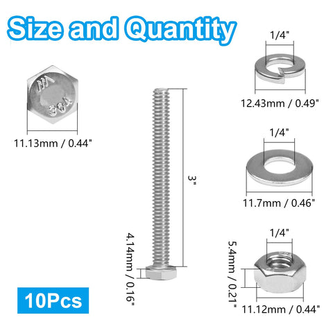 Heavy Duty 1/4-20 Hex Head Bolts Kit With Nuts Flat Washers And Spring Lock Washers Fully Threaded Stainless Steel 304 Bright Finish 10 Sets