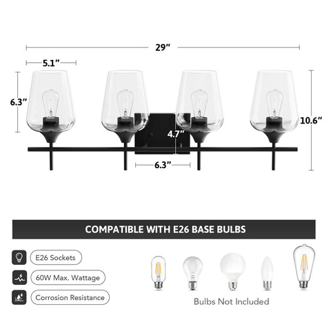 4 Light Vanity Light Fixture With Clear Glass Shades Black Finish Modern Industrial Style Over Mirror Wall Lamp dimensions