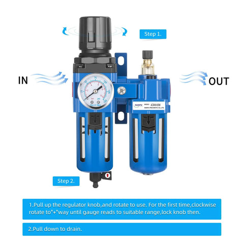 Three Eighths NPT Compressed Air Filter Regulator Lubricator Combo with Water and Oil Trap Separator featuring poly bowl and gauge