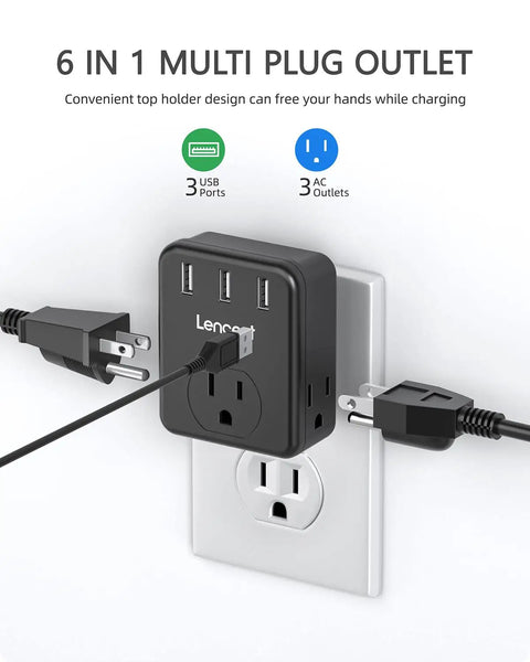 Three Way Wall Outlet Extender With Three AC Outlets And Three USB Ports in use, plugged into outlet with devices connected