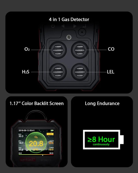 Four In One Gas Leak Detector With Multi Gas Alarm For Home And RV, featuring sensor details, display screen, and 8-hour battery life.