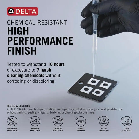 Delta chemical-resistant finish test with pipette and black glove, highlighting durability against harsh cleaning chemicals.