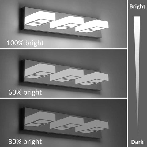 Display showing dimmable LED vanity light at 100%, 60%, and 30% brightness levels for bathroom settings.