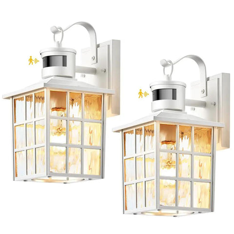 2 Pack White Motion Sensor Exterior Wall Light With Dusk To Dawn Auto Sensing For House Porch Garage Front Door And Patio Waterproof Anti Rust Outdoor Wall Sconce Easy Install Modern Exterior Lighting, showing two white lights with motion sensors, UV-protected finish, and water ripple glass.
