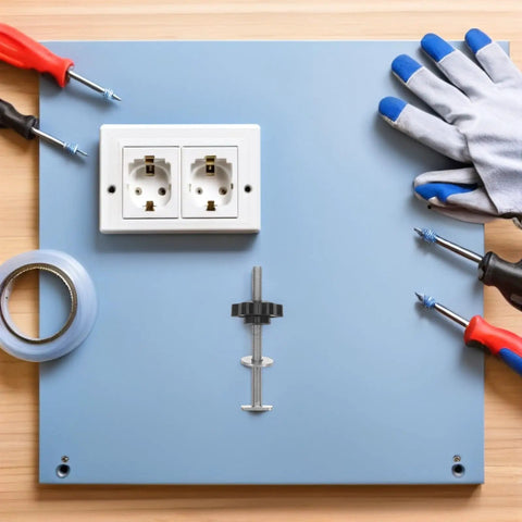 Four Star Shaped T Track Knob with stainless bolt and washers on blue panel, showcasing ergonomic design for woodworking fixtures.