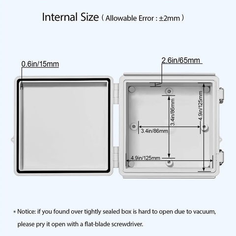 Pro Level IP67 Waterproof Electrical Box Built Tough For Hassle Free Install showing internal size dimensions for wiring projects.