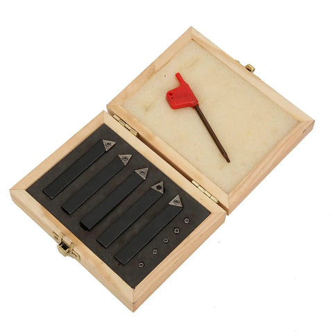 Five Piece Three Eighths Inch Indexable Turning Tool Set With Cemented Carbide And Nickel Coating For Beefy High Temp Machining On Lathes