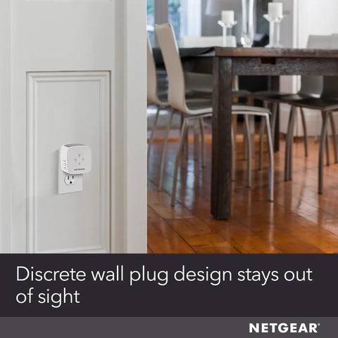 Mesh WiFi Range Extender That Covers Up To 1000 Sq Ft For 15 Devices, AC1200 Dual Band Speeds, shown in a plug-and-play wall socket.