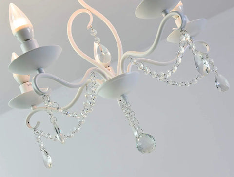 French Country Crystal Pendant Light With White K9 Crystals And Wrought Iron Frame E12 Candle Style Chandelier close-up