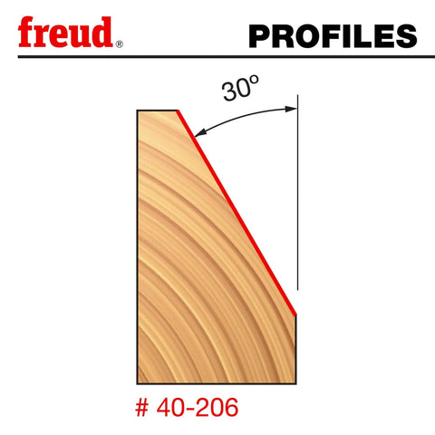 Diagram showing 30° bevel profile for One And Eleven Thirty Second Inch Chamfer Router Bit With Half Inch Shank Thirty Degree Carbide Two Cutter Pro Grade Bit For Plywood Hardwood And Softwood Adjustable Chamfer Height By Bit Height Or Fence Red Finish.