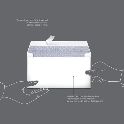 Hella Secure Size Six Self Seal Mailing Envelopes For Dropping Off Invoices And Confidential Bills No Sweat Peel Closure White Woven Paper 300 Pack showing peel seal closure and hands holding
