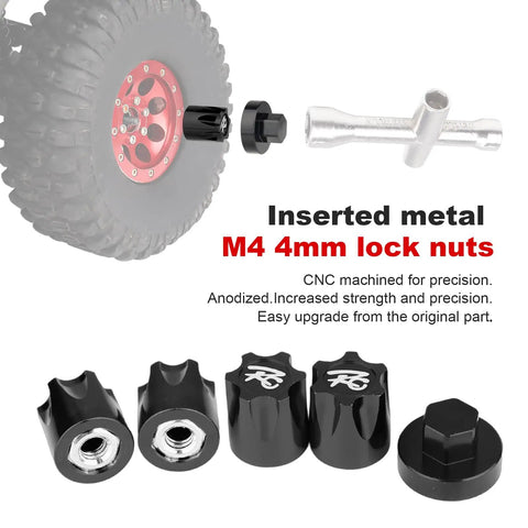 4 Pack Aluminum RC Car Wheel Center Cap Adapters With M4 Nuts, CNC Machined And Anodized Black, Ideal 1/10 Scale Crawlers