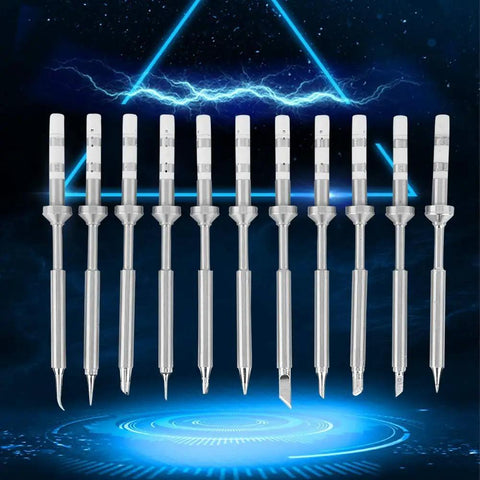 Mini Soldering Iron Tips Set For TS100, 11Pcs Stainless Steel Replacement Tips Displayed Against Electric Background