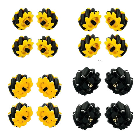 4 Pack mecanum wheels set for DIY robots, high-hardness plastic, omni-directional for smart robot cars, easy install, various sizes.