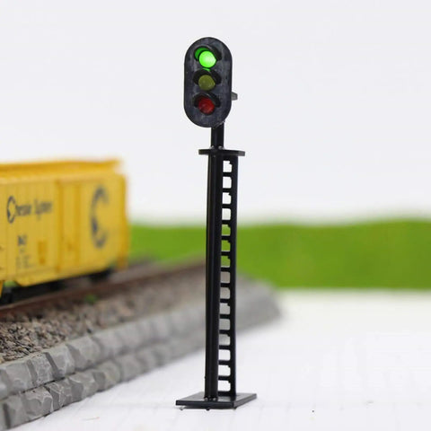 Badass 5 Piece Ho Scale 3 Light Block Signal Set Hella Durable Brass Prewired LED Railroad Lights With Red Yellow Green Bulbs 6.5cm Height For Model Trains 12V To 18V Powered Sick Upgrade For Any Layout Setup Totally Ready To Rock, showing green red yellow lights on a black pole