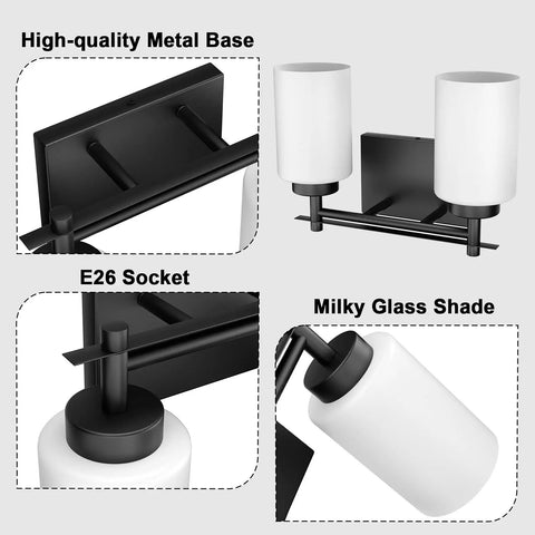 Close-up of Two Light Black Vanity Sconces, Dope Industrial Style Bathroom Lighting Fixture with Milky Glass Shades, E26 Socket