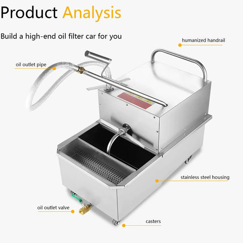 Heavy Duty 550W Commercial Fryer Filter Machine With 65L Capacity Tank, stainless steel build, oil outlet pipe and handrail.