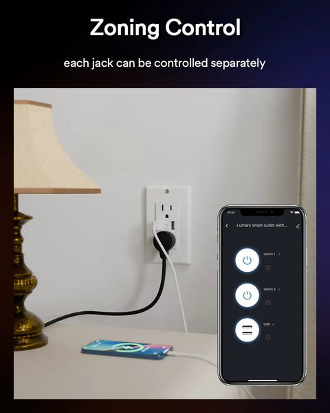 Smart WiFi Outlet With Dual USB Ports And Two Plugs, 15 Amp Tamper Resistant Wall Outlet Works With Alexa And Google Home, ETL FCC Certified, Timer, 4 Pack showing zoning control with smartphone app beside lamp