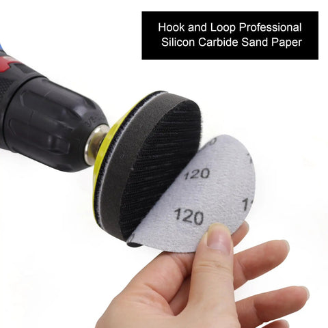Close-up of Three Inch Sanding Discs Kit piece with hook and loop backing in use, silicon carbide material shown holding by hands.