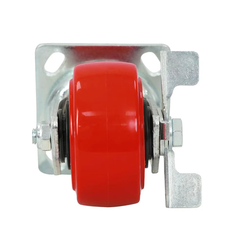 Heavy Duty 4 Inch Red Polyurethane Swivel Caster With Wheel Brake, 550 Lbs Rugged Capacity, front view showing wheel details.