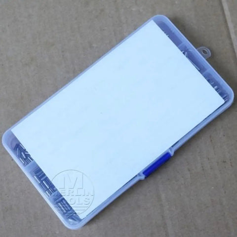 Plastic box containing 300Pcs 304 Stainless Steel Split Spring Dowel Roll Pins Kit In 2mm 3mm 4mm Sizes on a cardboard surface