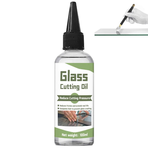 100ml bottle of All Glass Cutting Tools Oil For Smooth Cuts And Long Tool Life, with pro-grade lubrication, shown next to gloved hand using a glass cutter.