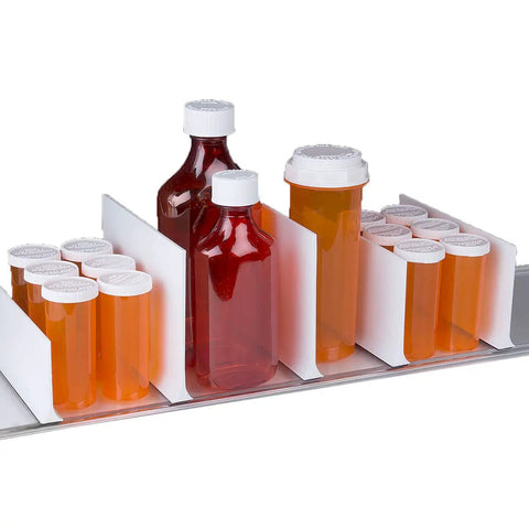 Dead Simple Magnetic Shelf Divider That Makes Your Fridge And Cabinet Look Hella Tidy With Heavy Duty White Plastic Dividers For Vitamins Books And Snacks, neatly organizing bottles.