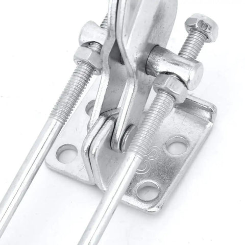 Built Like A Tank Carbon Steel Toggle Clamp With Quick Release Latch Action For Welding Woodworking Jig Assembly Featuring Triangular Gripping Lever Handle 120 Millimeter close-up of metal lever mechanism and bolts.