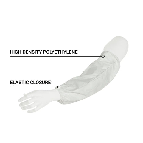 18 Inch Disposable Protective Sleeve With Elastic At Both Ends White Universal Size For Easy Slip On And All Day Comfy Fit Tyvek 400 Style Protective Sleeve For Medical Lab Cleanroom Pack Of 200 on mannequin arm