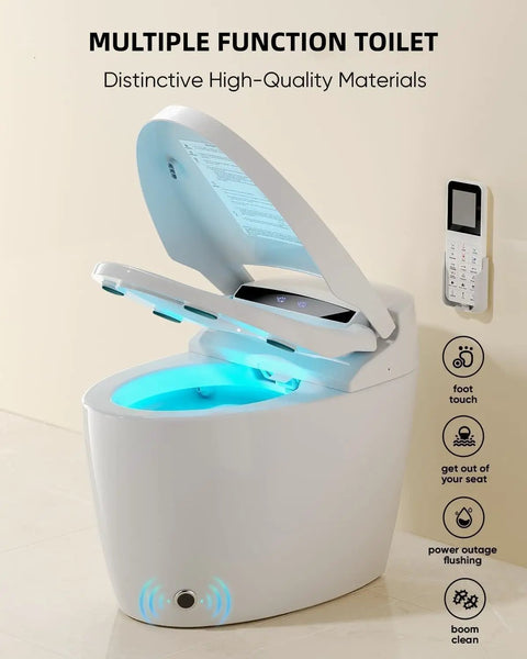Premium Smart Toilet With Built In Bidet, Tankless Heated Seat, Aggressive Flush System, And Warm Water Spray For A Top Shelf Bathroom Setup That Definitely Slaps On Your Daily Refresh, angled view with glowing bowl and remote.