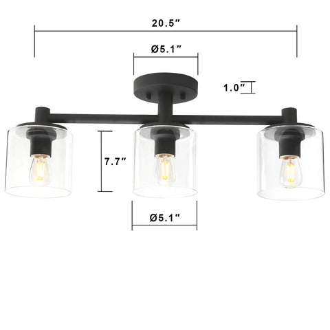 3 Light Semi Flush Mount Ceiling Light With Glass Shade For Hallway Loft Kitchen And Bar, Industrial Pendant Fixture, Dope Modern Rustic Chandelier For Home, 120V, Ideal Over Island Or Counter, displayed with dimensions