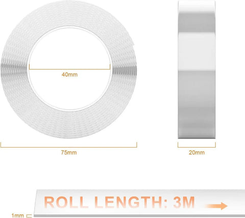 Heavy Duty Double Sided Adhesive Tape Roll With Super Grippy Nano Gel Rock Solid Mounting Strips, 3M long, clear, 40mm width.