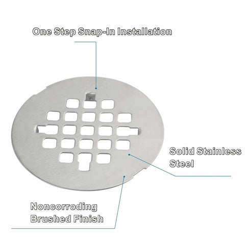 Heavy Duty Brushed Nickel Shower Drain Cover Round 4 1 4 Inch Snap In Stainless Steel Floor Strainer with solid grip and brushed finish.