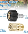 Front view of JUNXILPPD 2-piece pressure washer hose adapter set: black M22 to 1/4" quick-connect with brass fittings