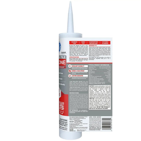 Side view of Silicone Caulk For Tub And Tile Kitchen And Bath Clear Sealant 100 Percent Waterproof 10 Fl Oz Cartridge showing label details.