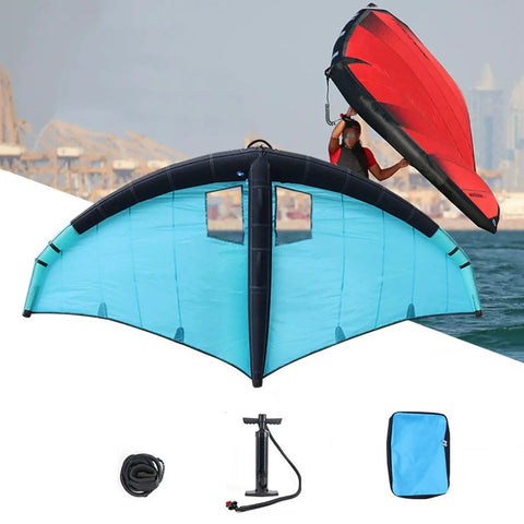 Inflatable Wing For Wind Wing Foiling And Watersports, Totally Sturdy Polyester Surf Wing With Dual Airbags, Easy Carry Storage Bag, Foil Wing Kite For Surfing Snow Ski And Water Play, Size Five Square displayed on beach with accessories.