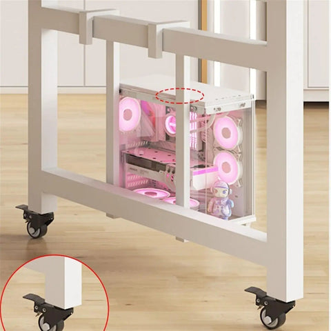 Close-up of Top Tier Gaming Workspace And Home Office Computer Desk with visible PC case and rolling casters.