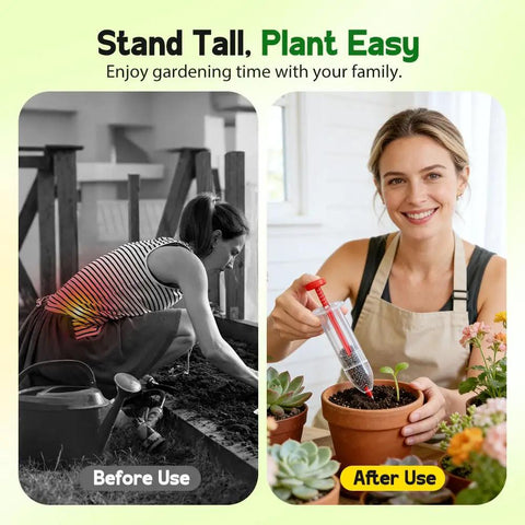 Woman using Handheld Mini Seed Spreader Kit For Tiny Seeds With Five Speed Settings indoors, after outdoor gardening.