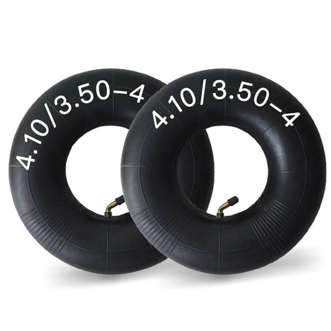 Two Pack Heavy Duty Inner Tubes For 4.10 3.50 4 Tires With TR87 Bent Valve Stem Fit Wheelbarrows Mowers Hand Trucks Yard Trailers And More Made From Durable Butyl Rubber For Long Lasting Performance, showing two butyl rubber tubes.