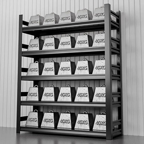 Hella Heavy Duty Metal Shelving Rack With Five Adjustable Tiers For Garage Workshop And Shed Storage Features Powder Coated Steel Frame To Handle 440 Lbs Per Shelf Rock Solid And Built Like A Tank Rig displaying weights organized on five tiers.
