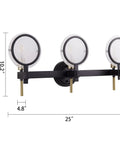 Three Light Vanity Light Fixture In Black Gold Finish With Seeded Glass Over Mirror Wall Sconces 25 Inch Long front view