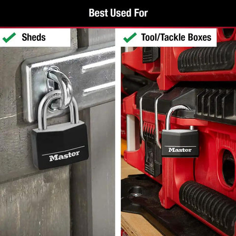 Covered Padlocks With Key For Outdoor Use, 2 Pack, All Weather Locks, securing a shed and tools, vinyl-covered aluminum body.