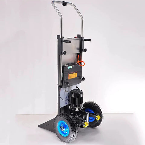 Huge 1200 Watt Electric Stair Climbing Hand Truck With 500 Kg Heavy Load Capacity And 48 Volt Battery, showcasing sturdy design with rubber tires.