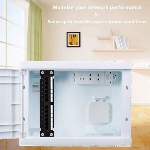 Cat6 12 Port Unshielded Patch Panel With Rack And Wall Mount Brackets For Solid Gigabit Speed Includes Mini Punch Down Tool and interior view.