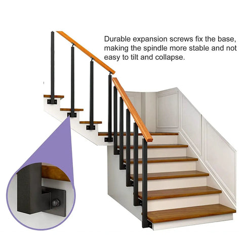 Solid Black Wrought Iron Railing Spindle Posts With Adjustable 270 Degree Side Mount Brackets For Deck And Stair Makeovers, installed on stairs.
