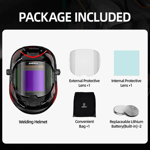 Package contents: Top Notch Panoramic Welding Helmet With True Color View Solar Powered Auto Darkening Shield, lenses, bag, batteries