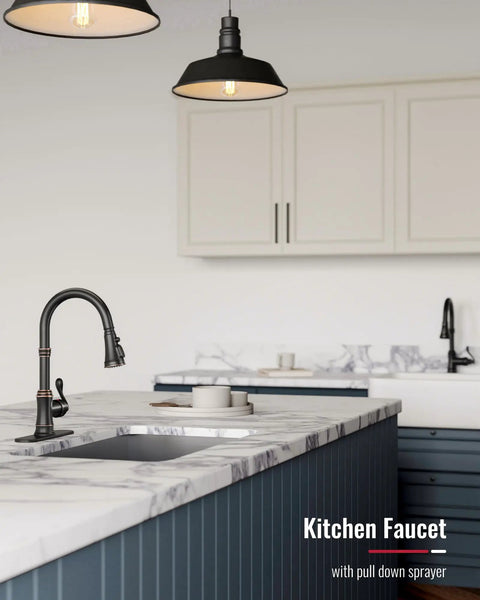 Oil Rubbed Bronze Kitchen Faucet With Pull Down Sprayer, Three Spray Modes, Vintage Antique Brass Style in modern kitchen setting
