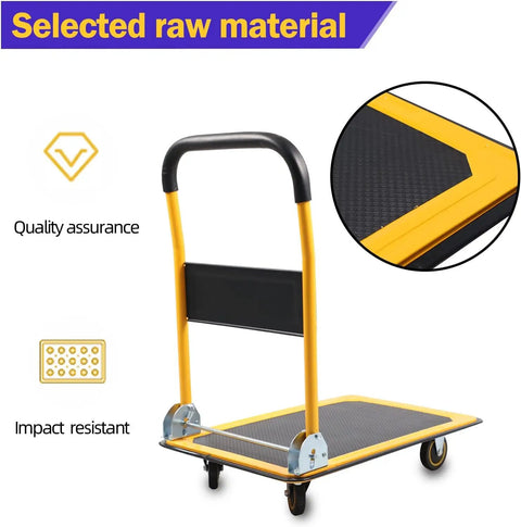 Built Tough 330 Lb Push Cart Dolly With Silent Mute Wheels Plus Compact Foldable Design, featuring a yellow steel frame and textured deck.