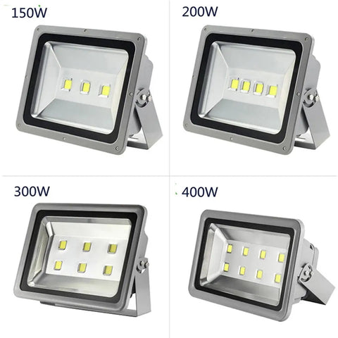 Hella Bright 300W LED Floodlights 10 Pack 3 Year Warranty Top Shelf Outdoor Spotlight Bulbs with silver casing for outdoor use.