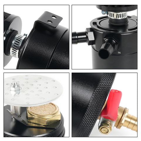 Close-up details of Universal Billet Aluminum Oil Catch Can Kit with 2 Port Breather Filter Reservoir and Oil Separator.